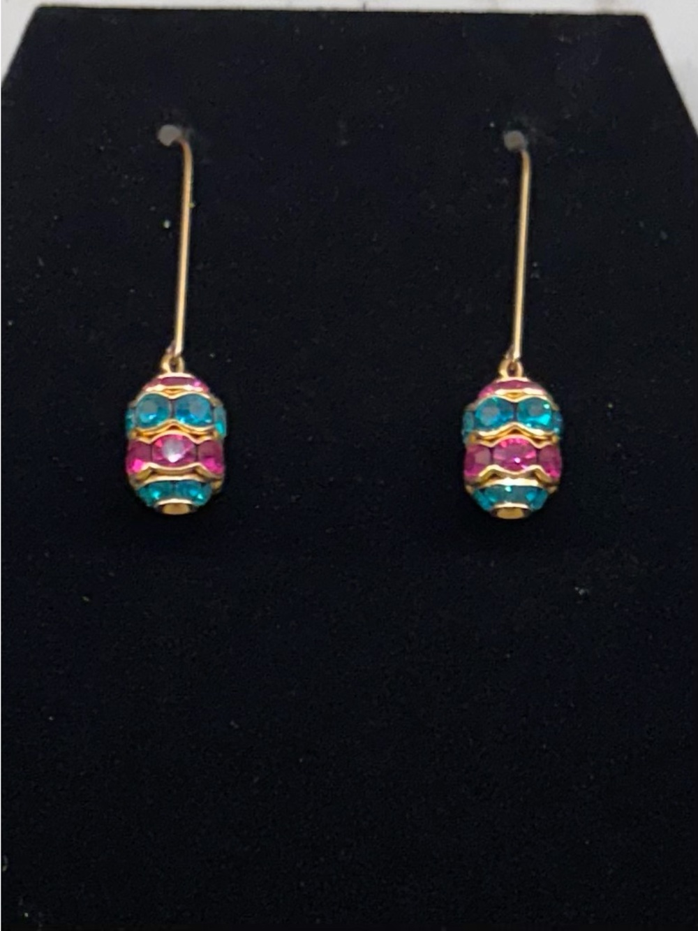 Vintage gold tone dangle earrings faceted bezel-set crystals teal and pink